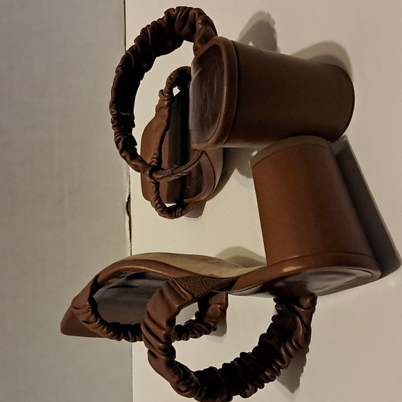 Staud Brown Frankie Ruched Sandals Heeled Block Heel Two Strap Preowned - Picture 5 of 10